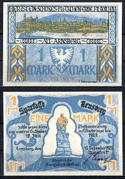 Арнсберг (Пруссия, Вестфалия) 1 марка 1921 Mehl Grabowski 42.1-2/3 бумага UNC (пресс) 7556-8-2-2