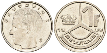 Бельгия 1 франк 1989 Belgique, Бодуэн I (1951-1993) KM 170 железо плакированное никелем 4608-435