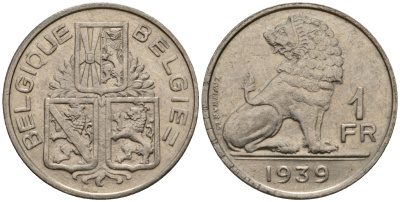 Бельгия 1 франк 1939 Belgique - Belgie KM 119 никель 4603-1244