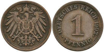 Германия 1 пфенниг 1902 G, Вильгельм II (1888-1918) KM 10, J. 10 медь 4608-227