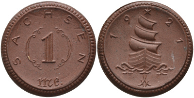 Саксония 1 марка 1921 парусник J. N 55 фарфор 1094-3-34