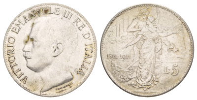 Италия КОПИЯ 5 лир 1911 50 лет Королевству KM 53 серебро 413-824