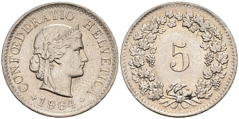 Швейцария 5 раппенов 1964 В KM 26 медно-никель 4594-621
