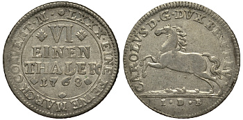 Брауншвейг-Вольфенбюттель 1/6 талера 1768 IDB, вес 5,09 гр. KM 971 серебро 413-2213