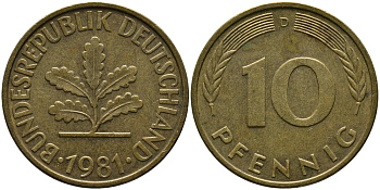 ФРГ 10 ПФЕННИГОВ 1981 D KM 108, J.383 сталь плакированная латунью 33-146