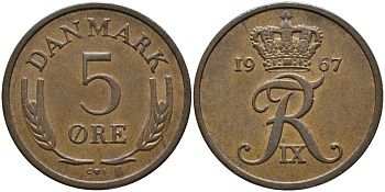 ДАНИЯ 5 ЭРЕ 1967 C; S, ФРЕДЕРИК IX (1947-1972) KM 848.1 бронза 175-657