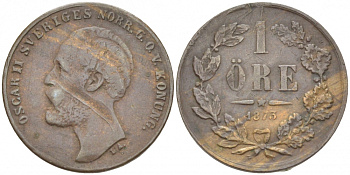 Швеция 1 эре 1873 L A., Оскар II (1872-1907) король Швеции и Норвегии KM 728 бронза 3309-766