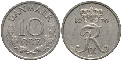 ДАНИЯ 10 ЭРЕ 1970 C; S, ФРЕДЕРИК IX (1947-1972) KM 841.3 медно-никель 116-231