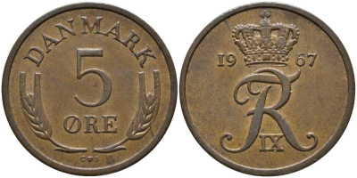 ДАНИЯ 5 ЭРЕ 1967 C; S, ФРЕДЕРИК IX (1947-1972) KM 848.1 бронза 175-657