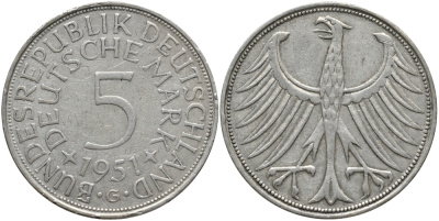 ФРГ 5 марок 1951 G KM 112.1, J. 387 серебро 1526-115