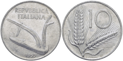 ИТАЛИЯ 10 ЛИР 1955 R, КОЛОСЬЯ, ПЛУГ KM 93 алюминий 28-125