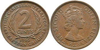 Британские Восточно-Карибские территории 2 цента 1965 Елизавета II (1952-2022) KM 3 бронза 4531-1245