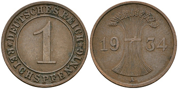 Германия 1 рейхспфенниг 1934 A KM 37, J. 313 бронза 4189-1243