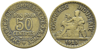 ФРАНЦИЯ 50 САНТИМОВ 1923 CHAMBRES DE COMMERCE KM 834, LE FRANC 191.6 алюминиевая бронза 4392-628