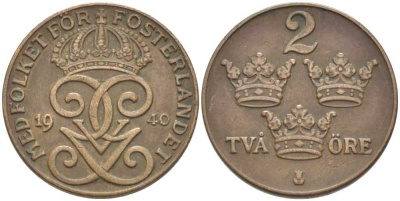 Швеция 2 эре 1940 Густав V (1907-1950) KM 778 бронза 119-1022