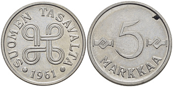 Финляндия 5 марок 1961 KM 37a никелированное железо 100-226