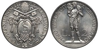 Ватикан 2 лиры 1939 папа Пий XII (1939-1958) KM 27 никель UNC 00-00