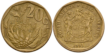 ЮАР 20 центов 1993 герб, цветок протея KM 136 сталь плакированная латунью 4169-1266