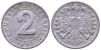 АВСТРИЯ 2 ГРОША 1950 ПЕРВЫЙ ГОД КМ 2876 алюминий 4383-156