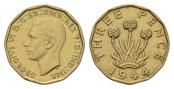 Великобритания 3 пенса 1944 Георг VI (1936-1952) KM 849, Spink 4112 никель латунь 4121-515