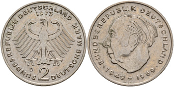 ФРГ 2 марки 1973 D, Конрад Аденауэр KM 124, J. 406 медно-никель 4159-1223