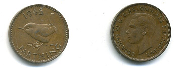 Великобритания 1 фартинг 1946 Георг VI (1936-1952) KM 843, Spink 4116 бронза 35-739
