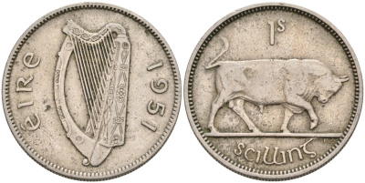 Ирландия 1 шиллинг 1951 бык KM 14а медно-никель 4561-1111