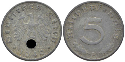 ГЕРМАНИЯ 5 РЕЙХСПФЕННИГОВ 1940 D KM 100, J. 370 цинк 105-238