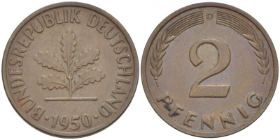 ФРГ 2 ПФЕННИГА 1950 D KM 106, J. 381 бронза 112-928