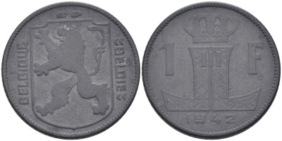 БЕЛЬГИЯ 1 ФРАНК 1942 BELGIQUE-BELGIE, ГЕРМАНСКАЯ ОККУПАЦИЯ KM 127 цинк 31-1234