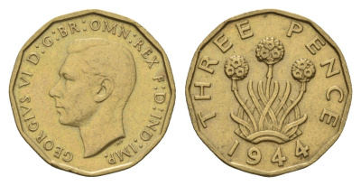 Великобритания 3 пенса 1944 Георг VI (1936-1952) KM 849, Spink 4112 никель латунь 4121-515