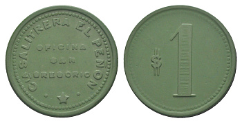 Чили, Сан-Грегорио (San Gregorio), Агуа Бланка (Agua Blanca) шахтерский жетон с Селитряного рудника для покупки в местных магазинах, номиналом в 1 песо 1880-1920 диаметр 30 мм, вес 3,48 гр Espinosa 275.8 эбонит (зеленый) 1094-1-52