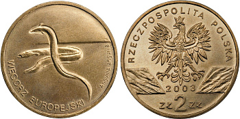Польша 2 злотых 2003 MW, серия сохраним природу, европейский угорь KM 445 нордик  UNC 1523-823
