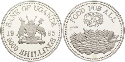 Уганда 5000 шиллингов 1995 50 лет FAO, гроздь бананов KM 128 серебро PROOF 02-263-45