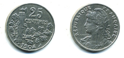 ФРАНЦИЯ 25 САНТИМОВ 1904 KM 856 никель 23-923
