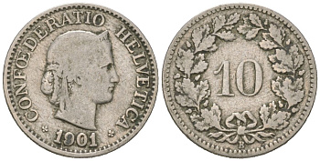 Швейцария 10 раппенов 1901 B KM 27 медно-никель 4617-442