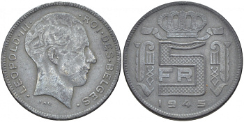 БЕЛЬГИЯ 5 ФРАНКОВ 1945 BELGES, ГЕРМАНСКАЯ ОККУПАЦИЯ, ВТОРАЯ МИРОВАЯ ВОЙНА KM 129.1 цинк 4448-945