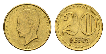 Колумбия 20 песо 2004 KM 294 латунь UNC 4664-142