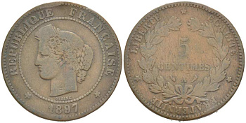 ФРАНЦИЯ 5 САНТИМОВ 1897 А, ТРЕТЬЯ РЕСПУБЛИКА (1871-1940) KM 821.1, LE FRANC 118.41 бронза 217-151