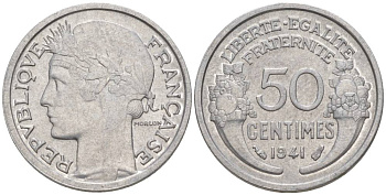 ФРАНЦИЯ 50 САНТИМОВ 1941 ТИП MORLON LOURDE KM 894.1a, LE FRANC 193.2 алюминий 44-329