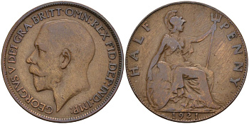 Великобритания 1/2 пенни 1921 Георг V (1910 - 1936) KM 809, Spink 4056 бронза 4153-754