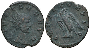 Римская Империя антониниан 270 Клавдий II Готский, посмертная чеканка, DIVO CLAVDIO, бюст императора / CONSECRATIO, орел, Рим RIC 266 биллон 1073-25-44
