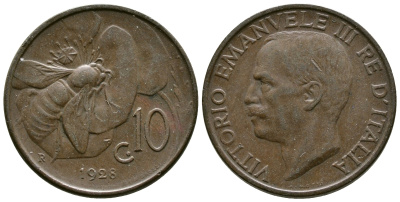 Италия 10 чентезимо 1928 R, Виктор Эммануил III (1900-1946), пчела KM 60 бронза 4622-315