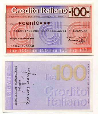 Италия чек на 100 лир 1976 credito Italiano, ассоциация торговцев bologna, 3 сентября 1976 бумага UNC (пресс) 8588-14-2-1