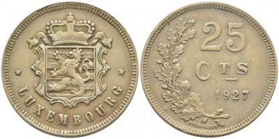ЛЮКСЕМБУРГ 25 САНТИМОВ 1927 KM 37 медно-никель 3856-1025