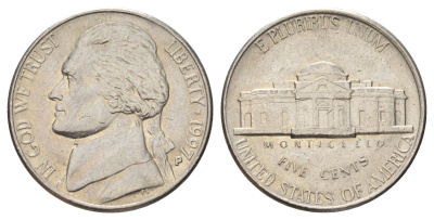 США 5 центов 1997 P, Джефферсон KM A192 медно-никель 4671-1232