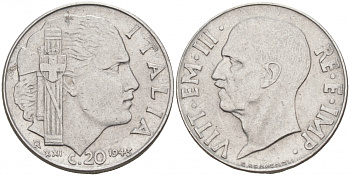 Италия 20 чентезимо 1943 R, Виктор Эммануил III (1900-1946), XXI год KM 75b, VEM3. 1031 нержавеющая сталь 3853-1222