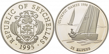 Сейшельские острова 25 рупий 1995 олимпийские игры 1996 года в Атланте, регата, тираж 30000 экз. KM 80 серебро PROOF 04-174-22