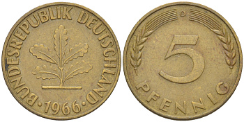 ФРГ 5 ПФЕННИГОВ 1966 D KM 107, J. 382 сталь плакированная латунью 4181-914