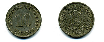 ГЕРМАНИЯ 10 ПФЕННИГОВ 1900 D KM 12, J. 13 медно-никель 56-416